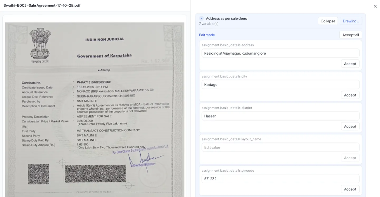 Valzy AI document analysis reading a sale deed and extracting property fields