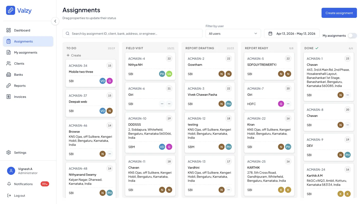 Valzy assignments board with search, filters, and columns for each workflow stage