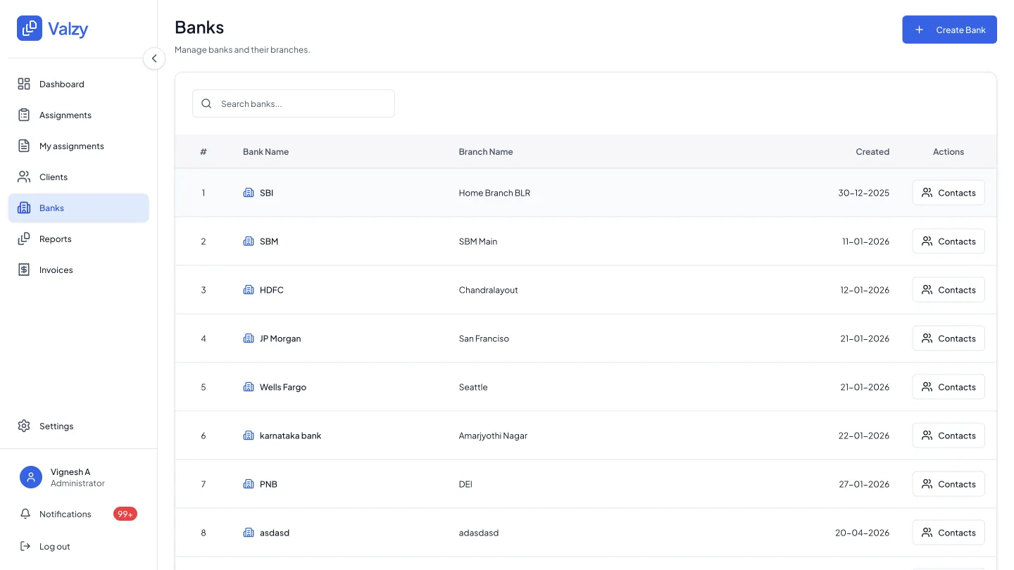 Valzy banks screen showing bank branches and contact actions