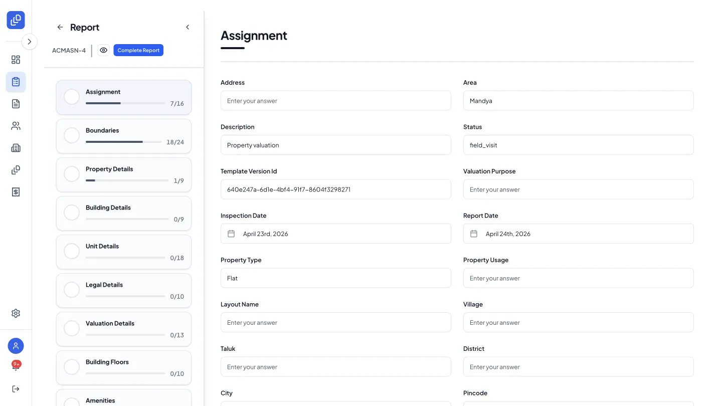 Valzy report screen with assignment details and structured valuation form fields