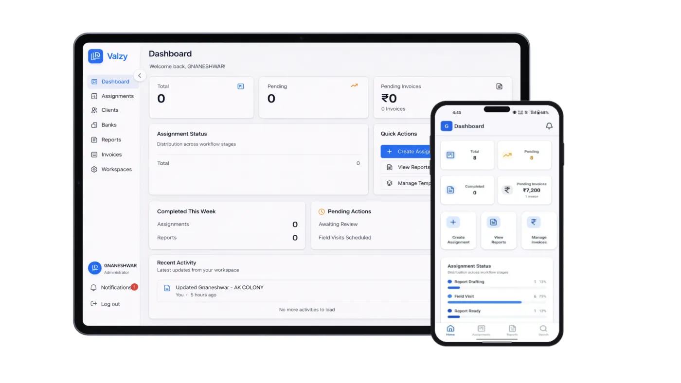 Valzy desktop and mobile dashboard preview for valuation practice management
